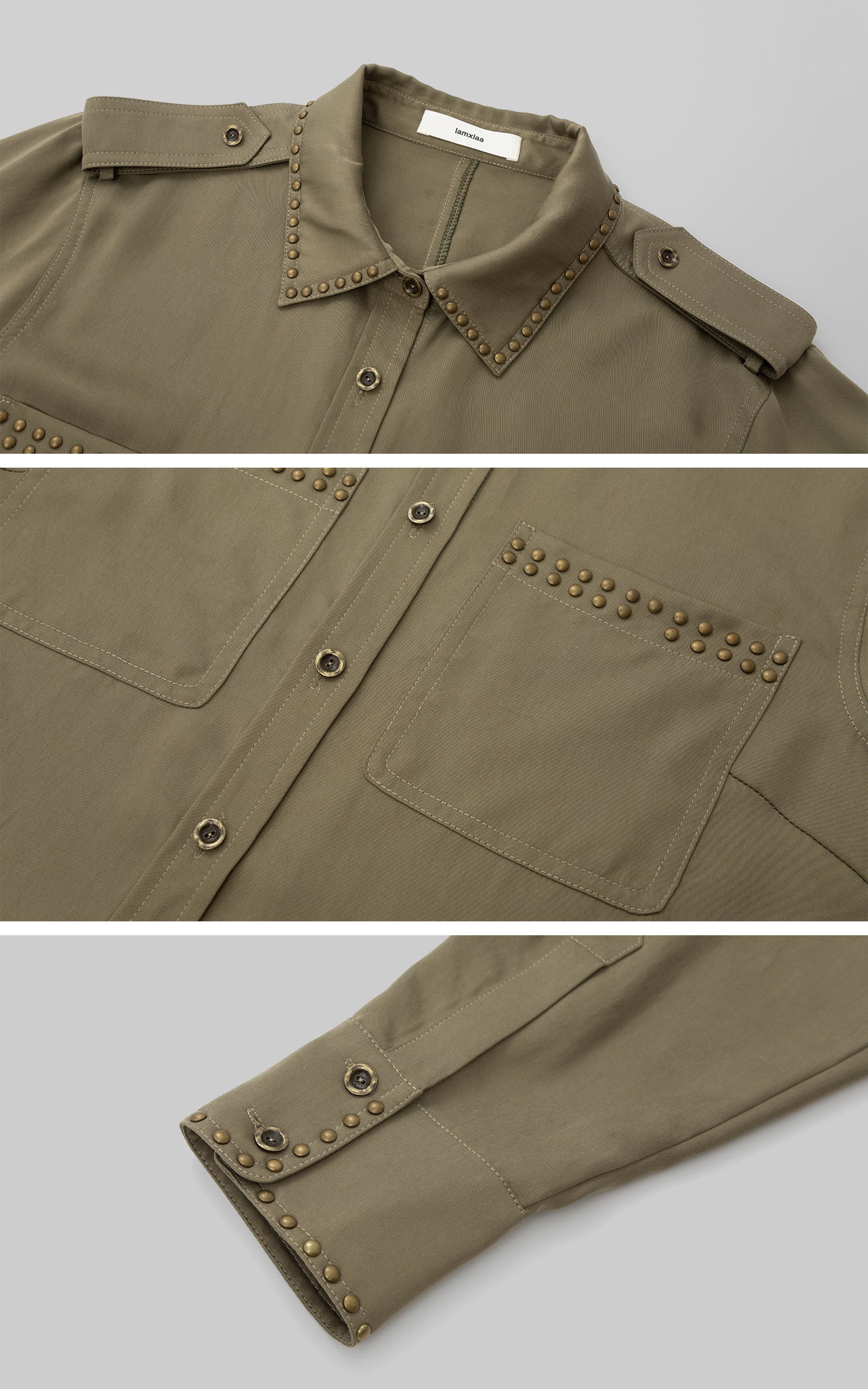 IAMXIAA Studded Utility Shirt – Military Chic Button Down with Epaulette Detail