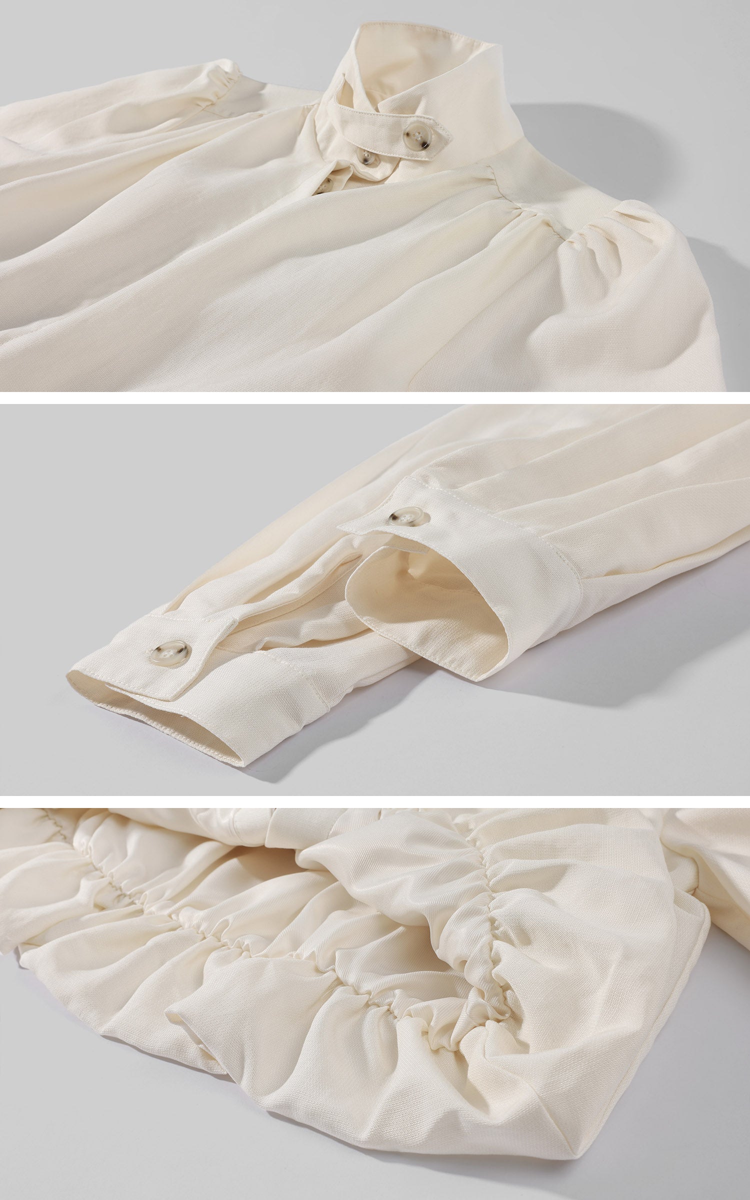 Hydrae Gathered High-Neck Cropped Shirt with Convertible Collar and Sculpted Volume Sleeves