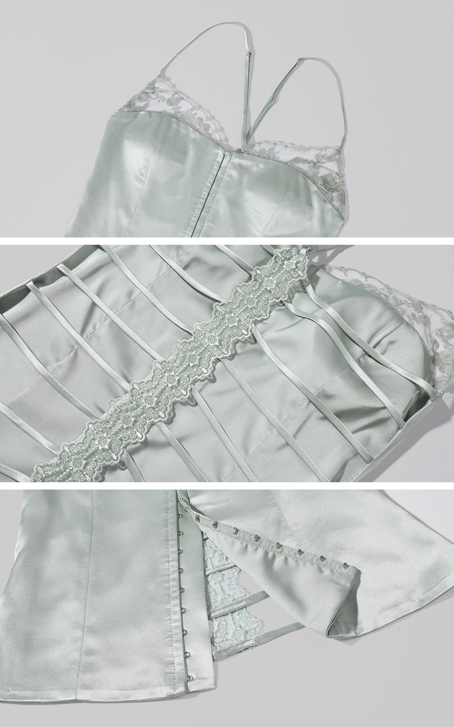 ROVENTE Lace Satin Corset Top &amp; Sequin Mini Skirt Two Piece Set