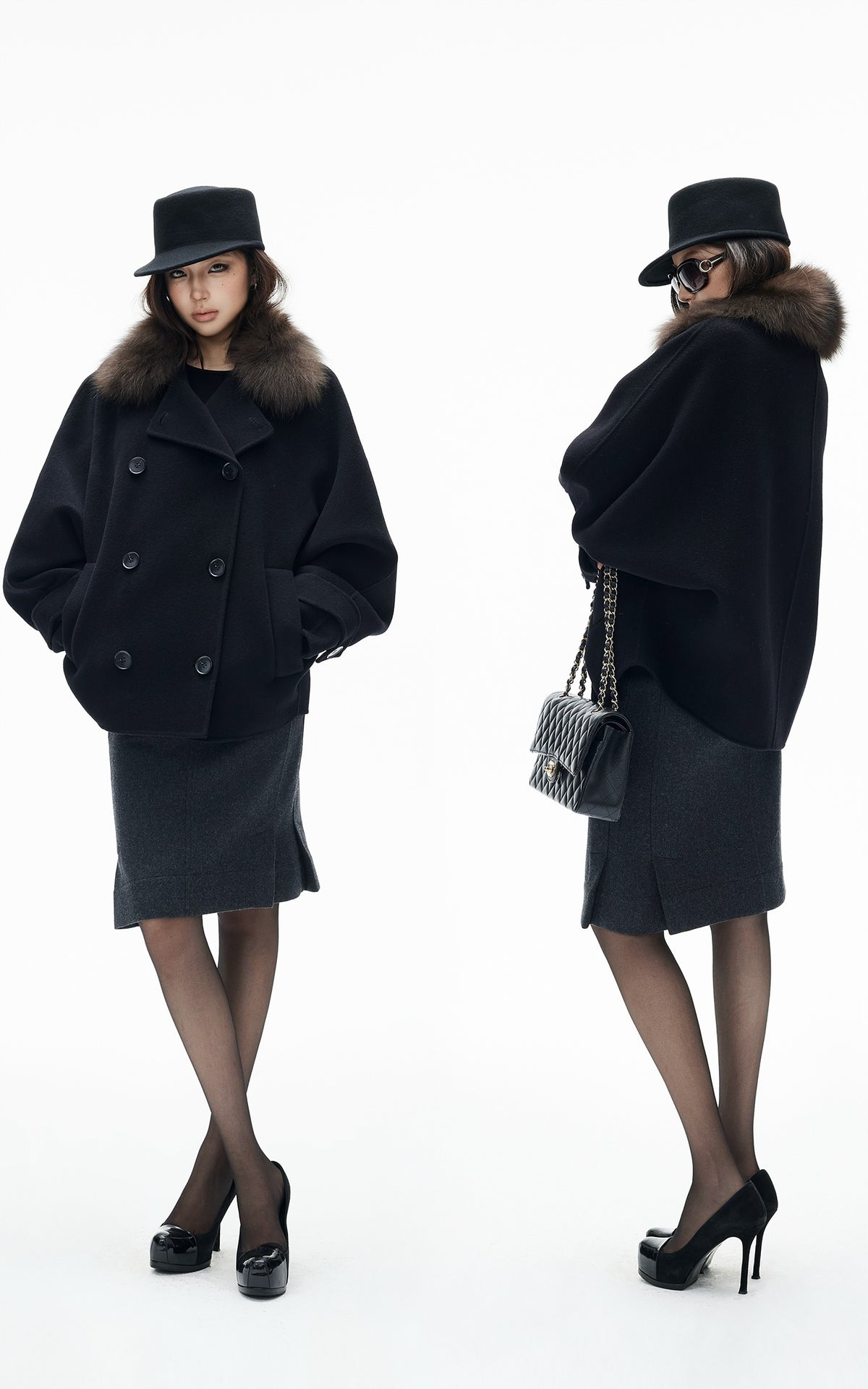 IAMXIAA Fur Collar Oversized Double-Breasted Short Coat