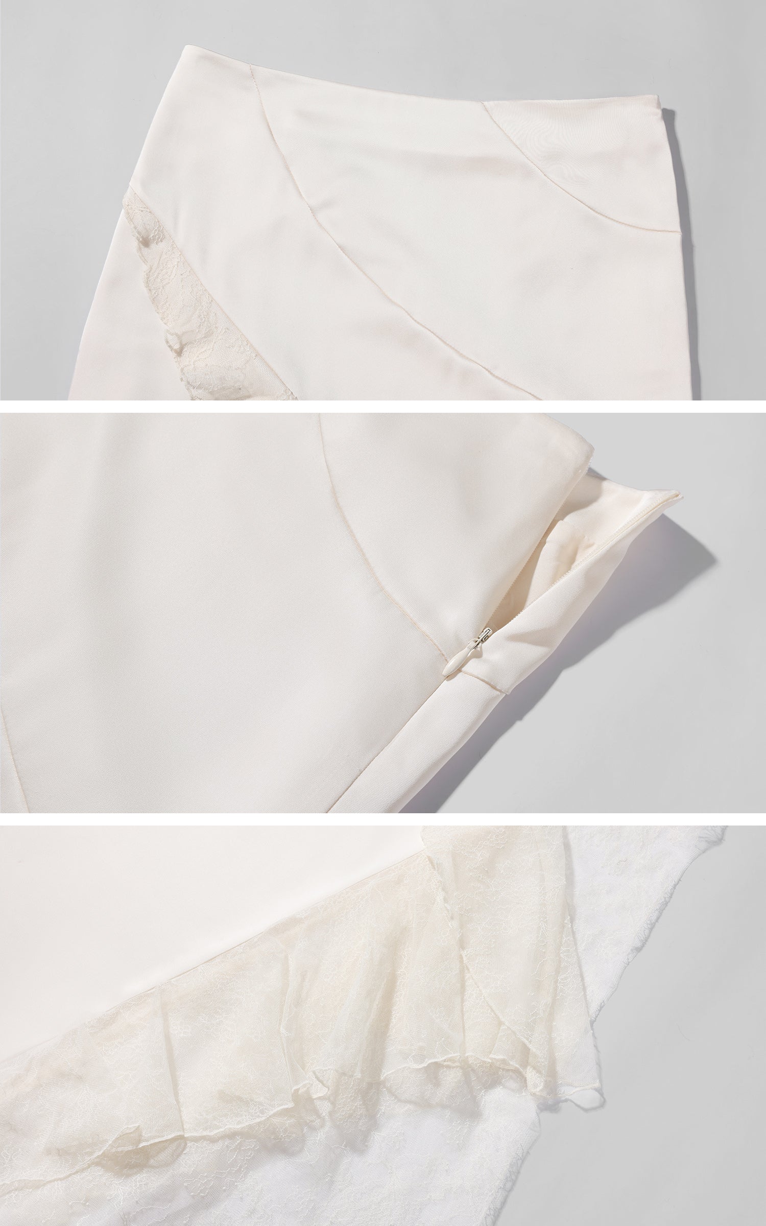 Rase Le Sol 니트 가디건 &amp; 캐미 탑 투피스 세트와 비대칭 레이스 미디 스커트