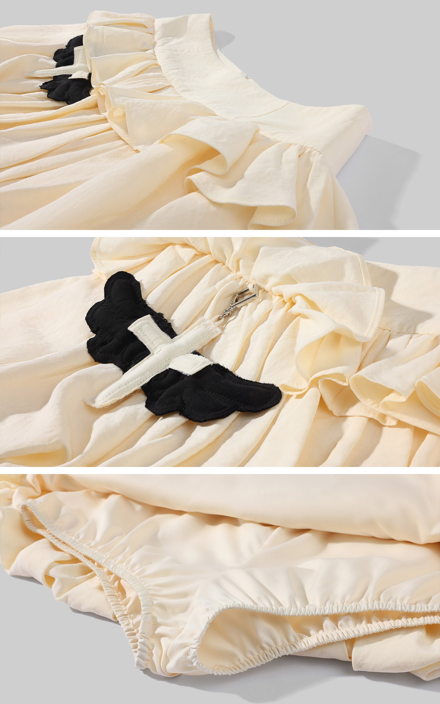 Rase le sol Cream Layered Ruffle Bubble Mini Skirt With Cross-Wing Appliqué