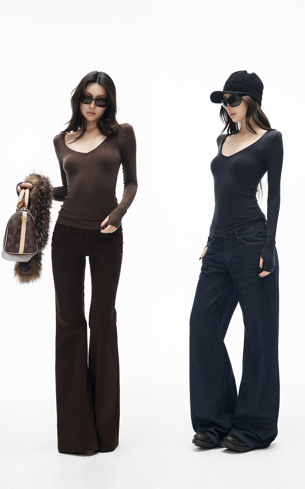IAMXIAA Slim-Fit V-Neck Knit Top with Thumbhole Sleeves