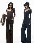 IAMXIAA Slim-Fit V-Neck Knit Top with Thumbhole Sleeves