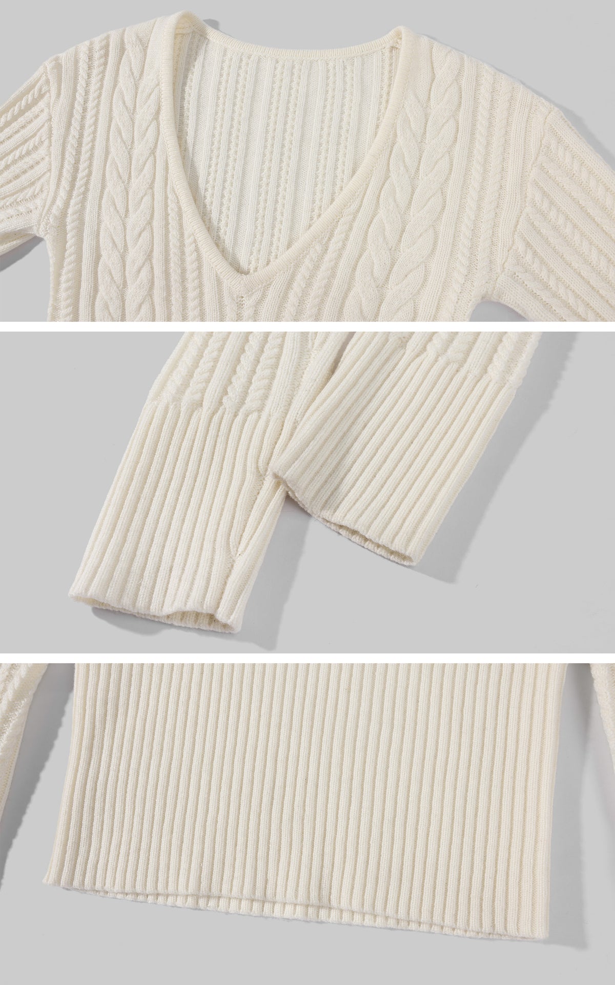 ROVENTE Plunging V-Neck Cable-Knit Sweater &amp; Mini Shorts Set with Ribbed Waist