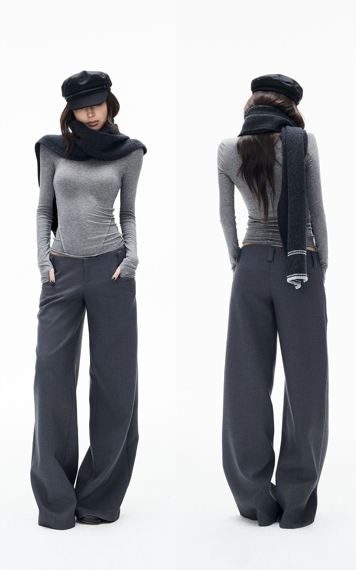 IAMXIAA Low-Rise Tailored Extra Wide-Leg Pants with Minimal Welt Pocket Details