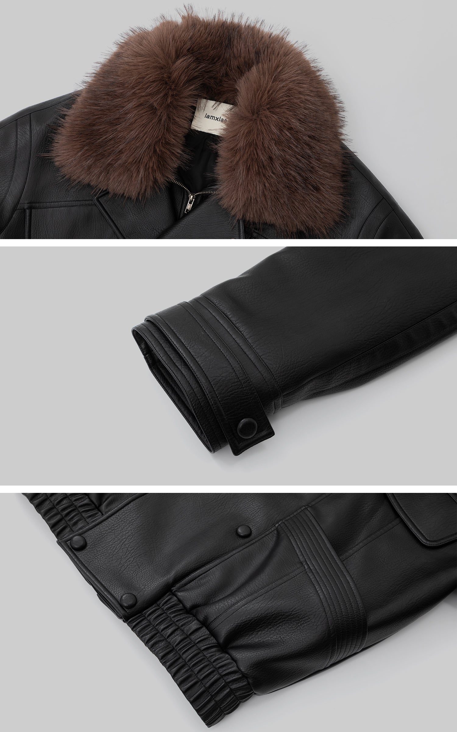 IAMXIAA フェイクレザーのジャケット、ふわふわのコントラストファー襟付き