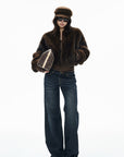 IAMXIAA Chocolate Brown Fur-Effect Cropped Bomber Jacket