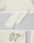 Rase le sol Ribbed V-Neck Graphic Knit Top