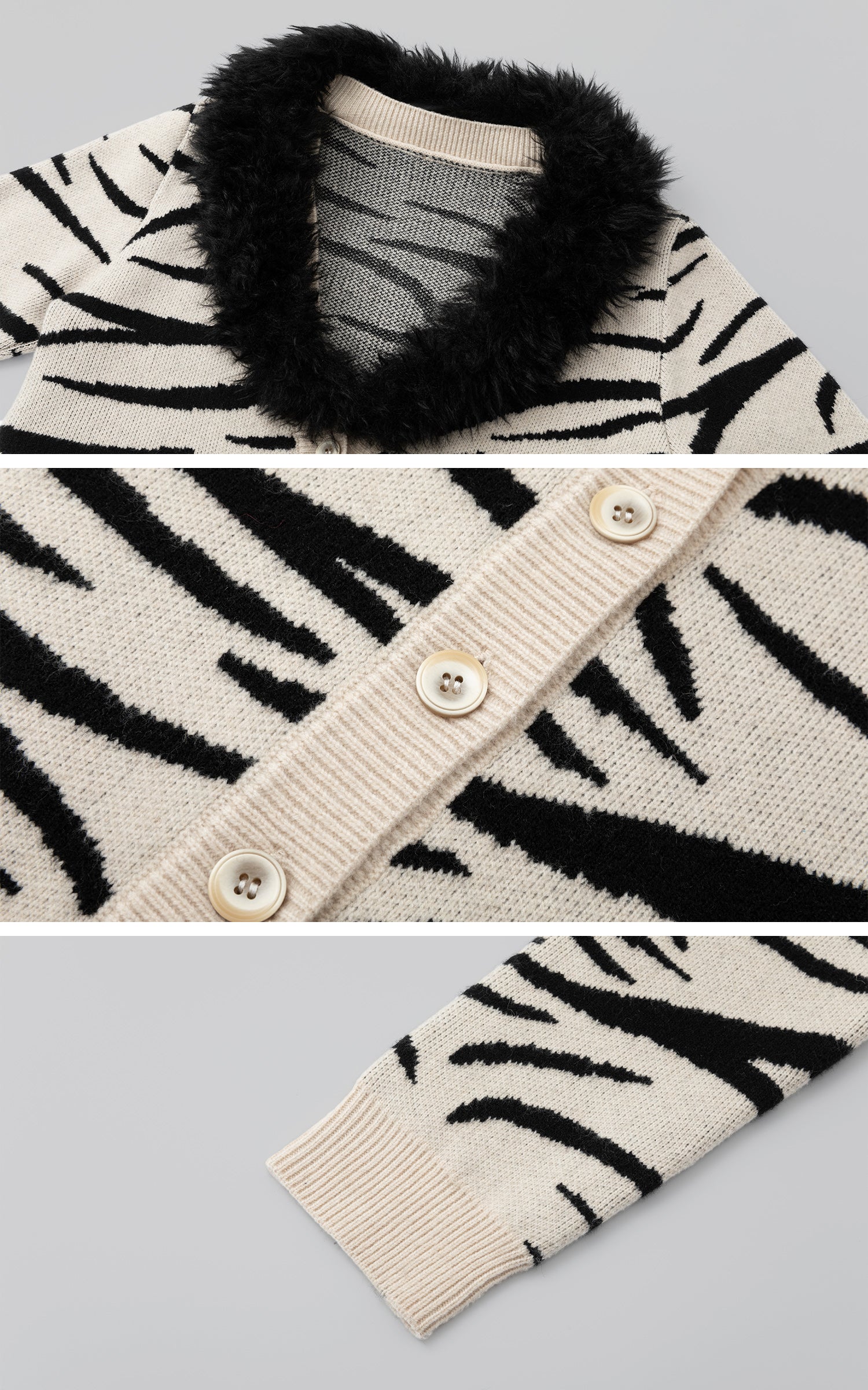 IAMXIAA Zebra Pattern Faux Fur Collar Knit Cardigan