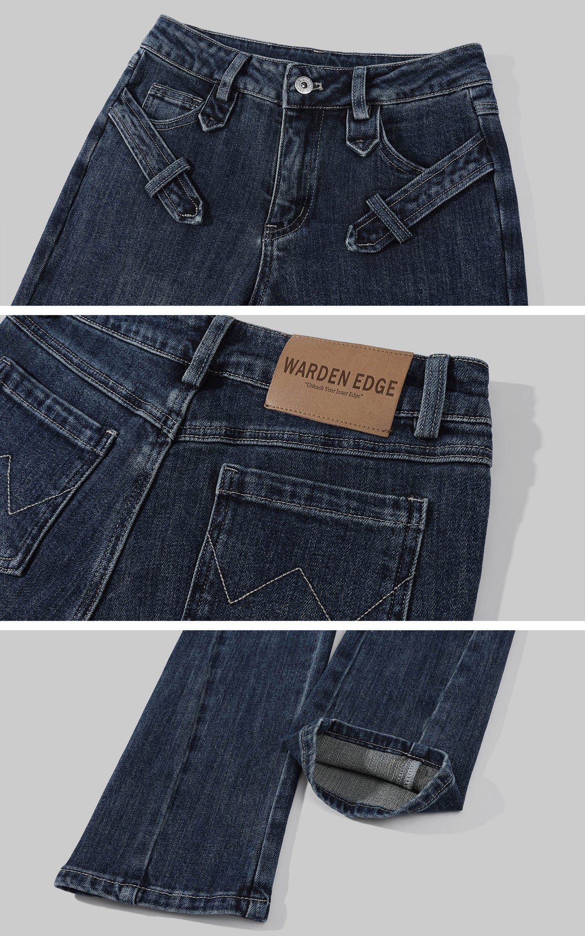 WARDEN EDGE Washed Blue Slim Straight-Leg Denim Pants with Angled Tabs &amp; Contrast Stitching