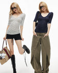 IAMXIAA Classic Wool Stretch V-Neck Slim Fit Half Sleeve Top