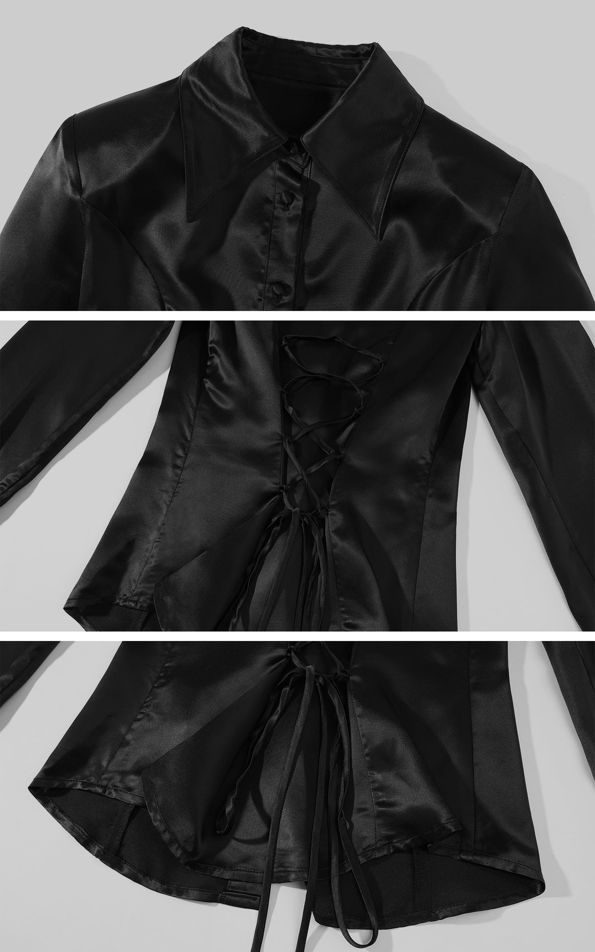 ROVENTE Black Satin Lace-Up Fitted Shirt