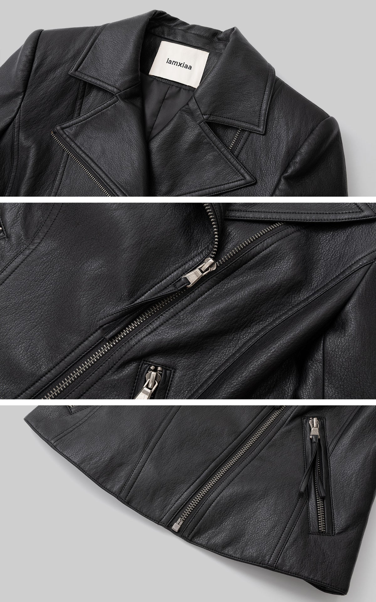 IAMXIAA Veste en cuir moto noire sculptée