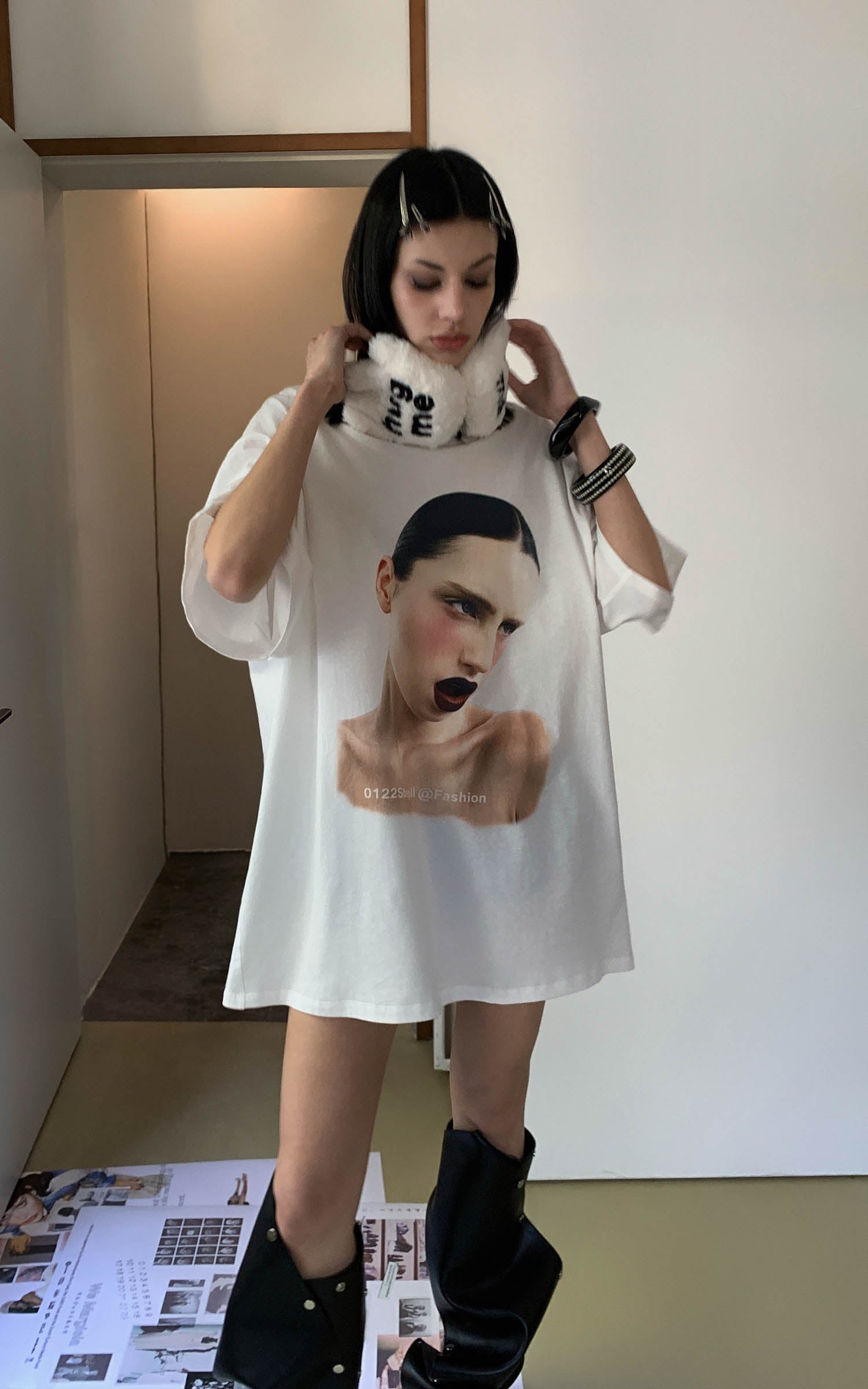 0122stepll グラフィックポートレートオーバーサイズTシャツ