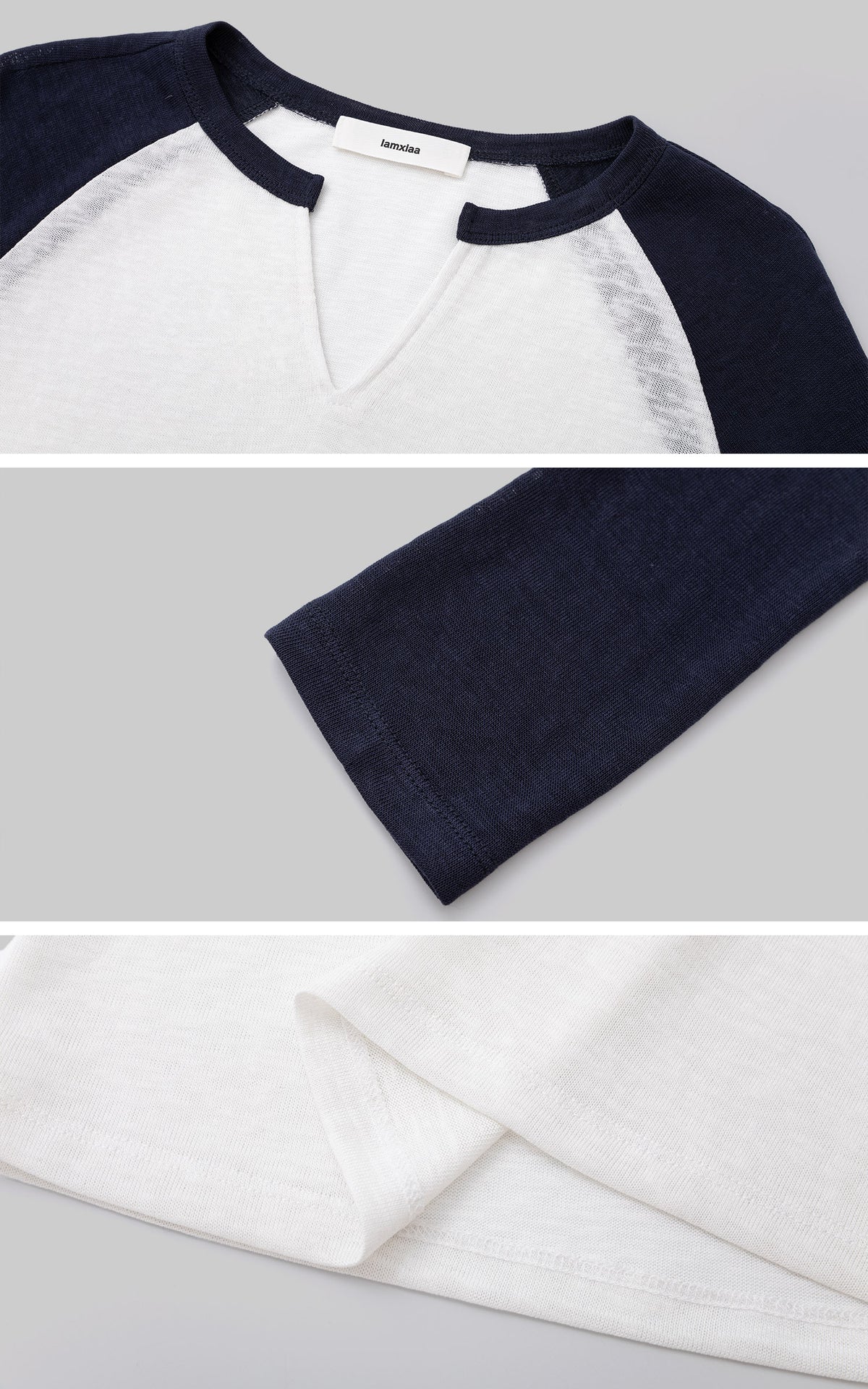 IAMXIAA Colorblock Raglan Sleeve Notch Neck Long Sleeve Top