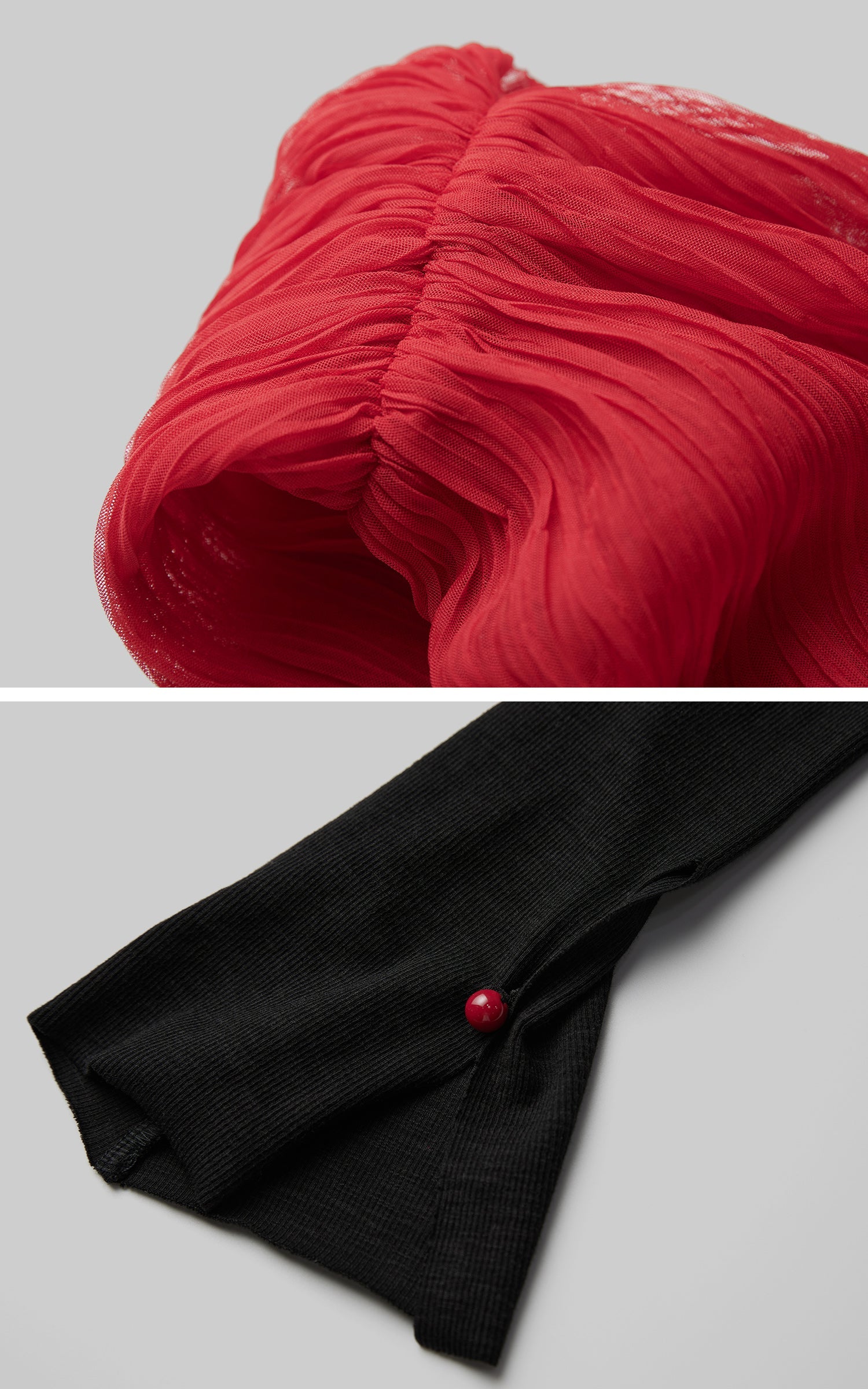 DOINDULGE Asymmetric Drape Top — Sculptural Red Pleats with Black Knit Base