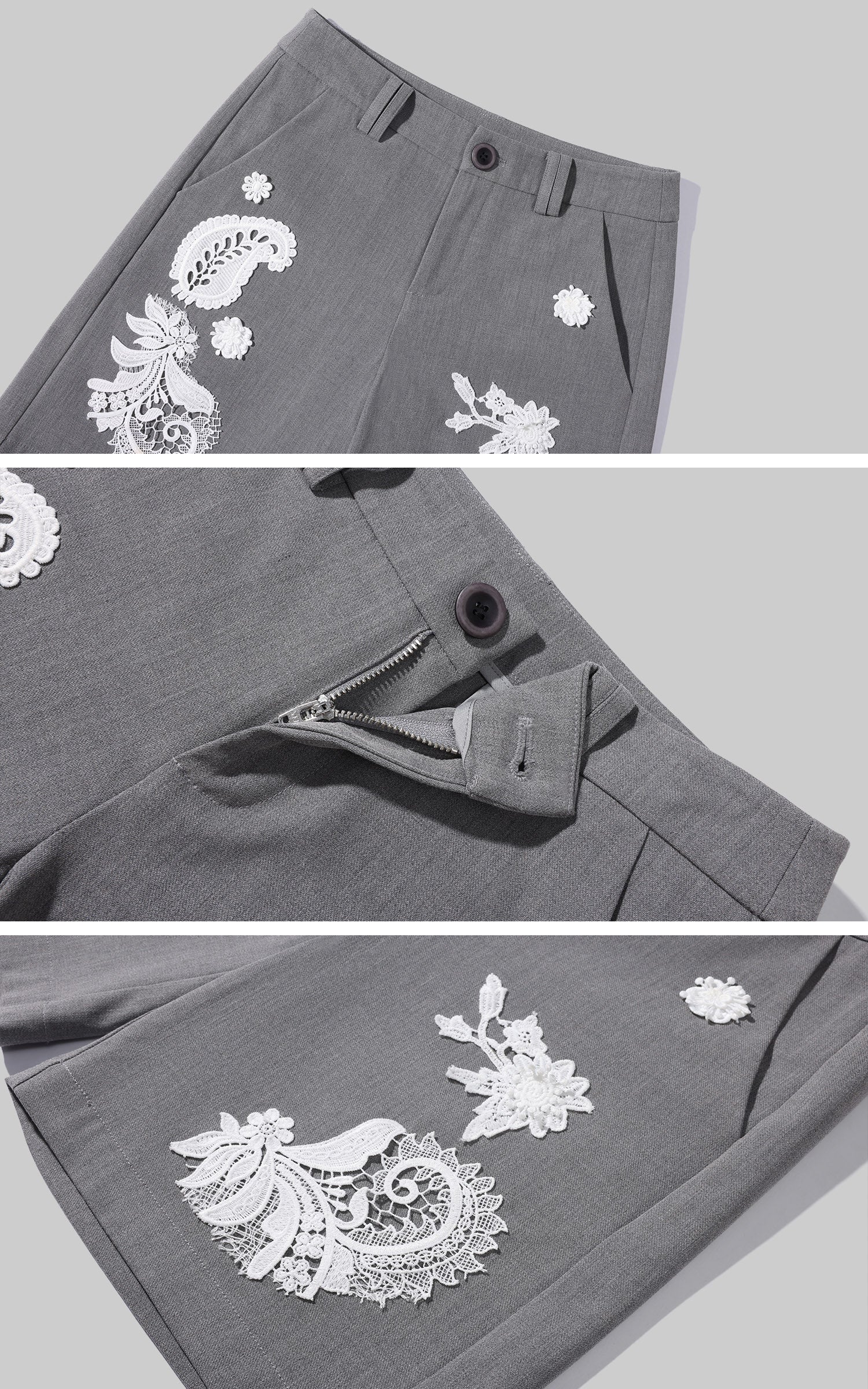 Hydrae 레이스 자수 테일러드 버뮤다 쇼츠 미드라이즈 스트레이트 핏 슈트 쇼츠