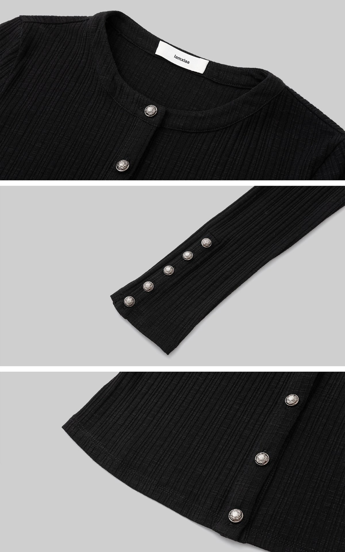 IAMXIAA Sculpted Ribbed Long Sleeve Top with Vintage Metal Button Detailing