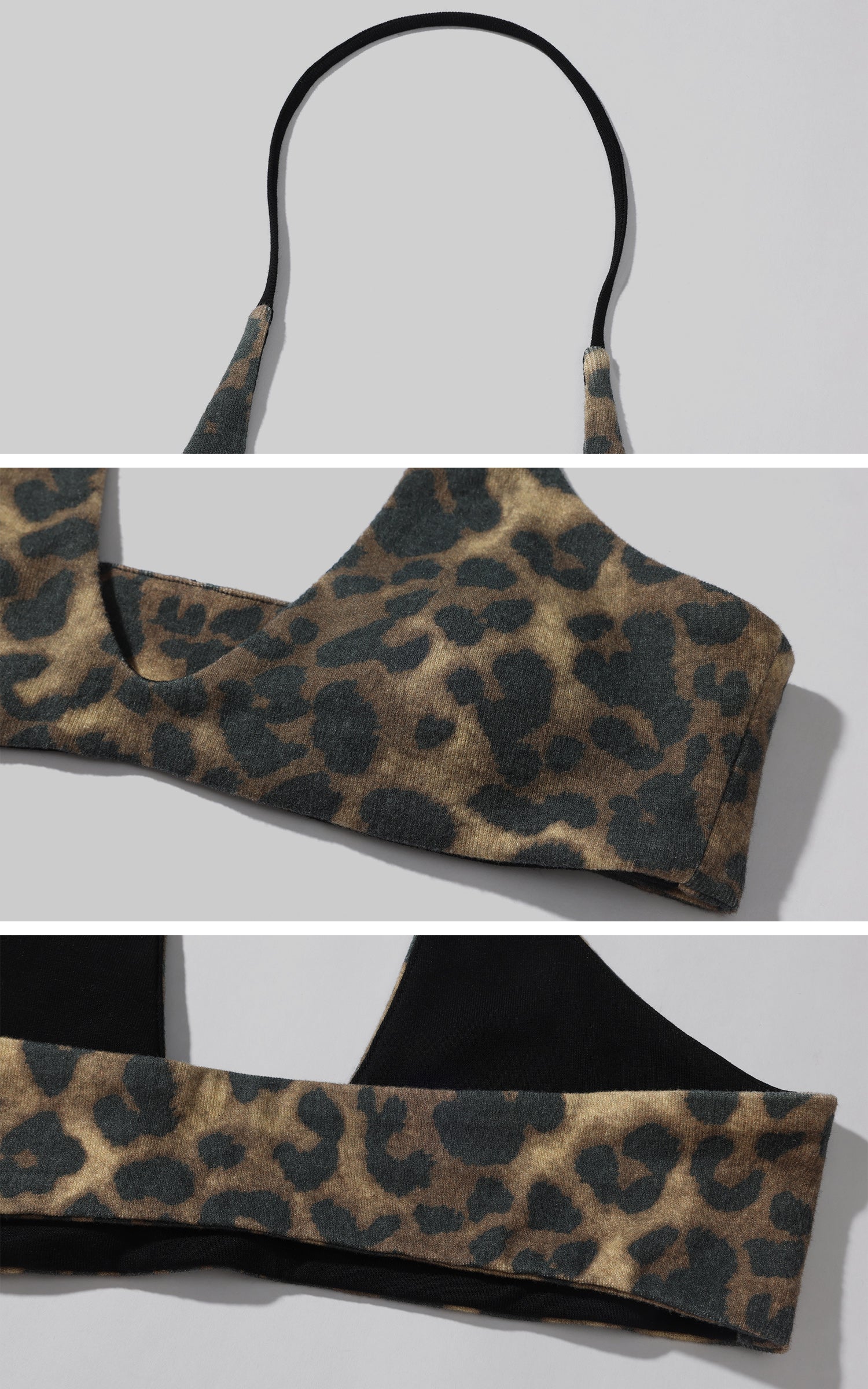 ROVENTE Deep V Black Top with Leopard Bra and Leopard Print Shorts Set