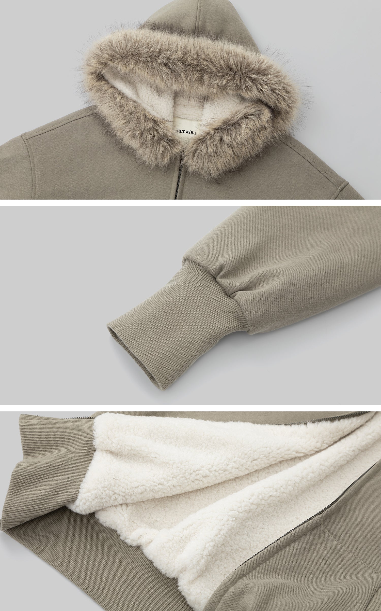 IAMXIAA 페이크 퍼 트림 후드 집업 재킷 &amp; 와이드 레그 스웨트팬츠 세트