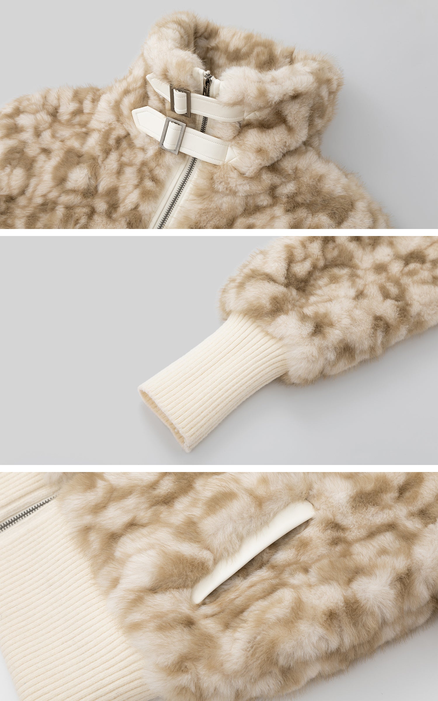 IAMXIAA Faux Fur Short Jacket with Buckle Collar and Ribbed Hem