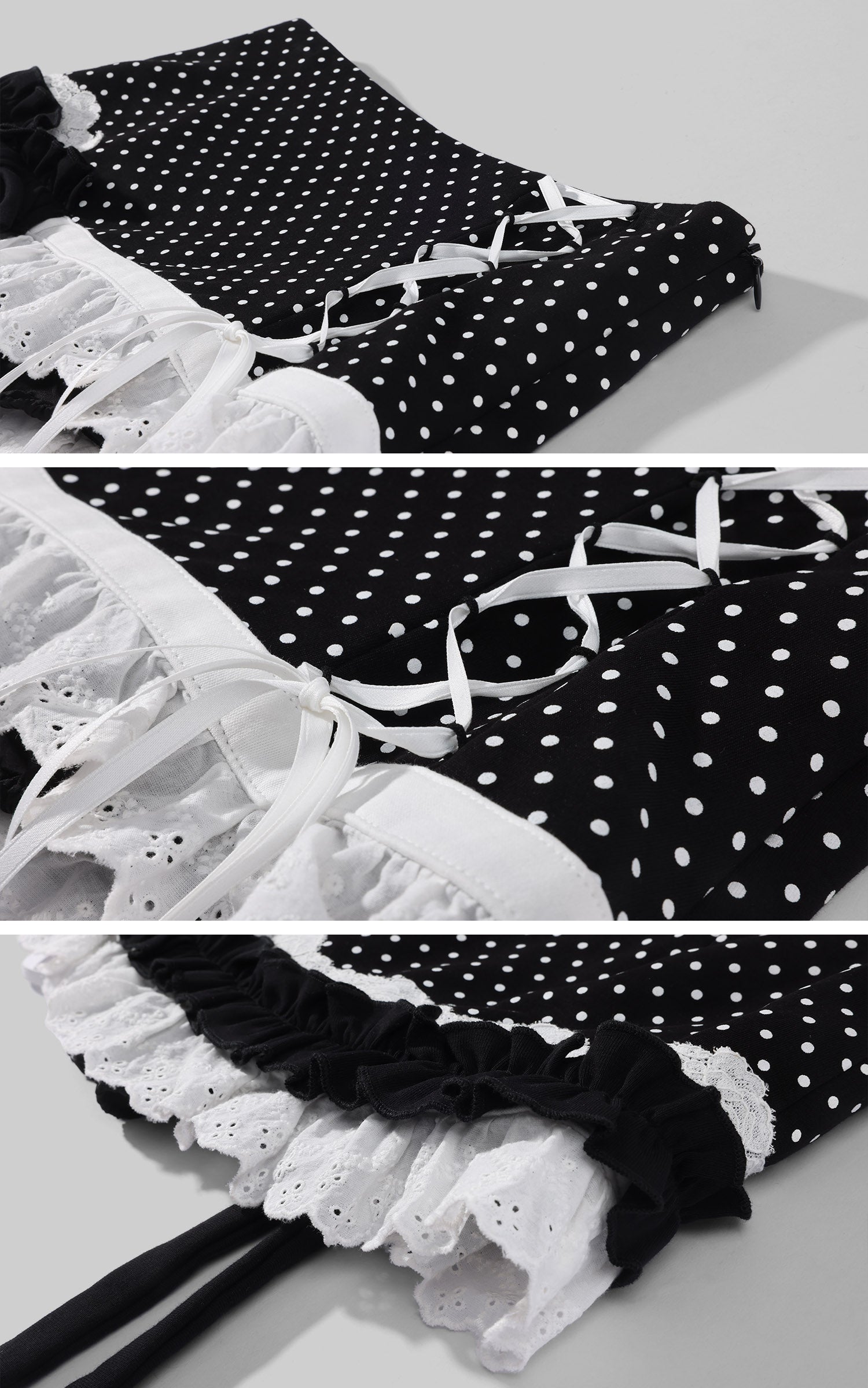 WARDEN EDGE Polka Dot Lace Up Mini Skirt with Ruffled Hem and Asymmetric Layered Detail