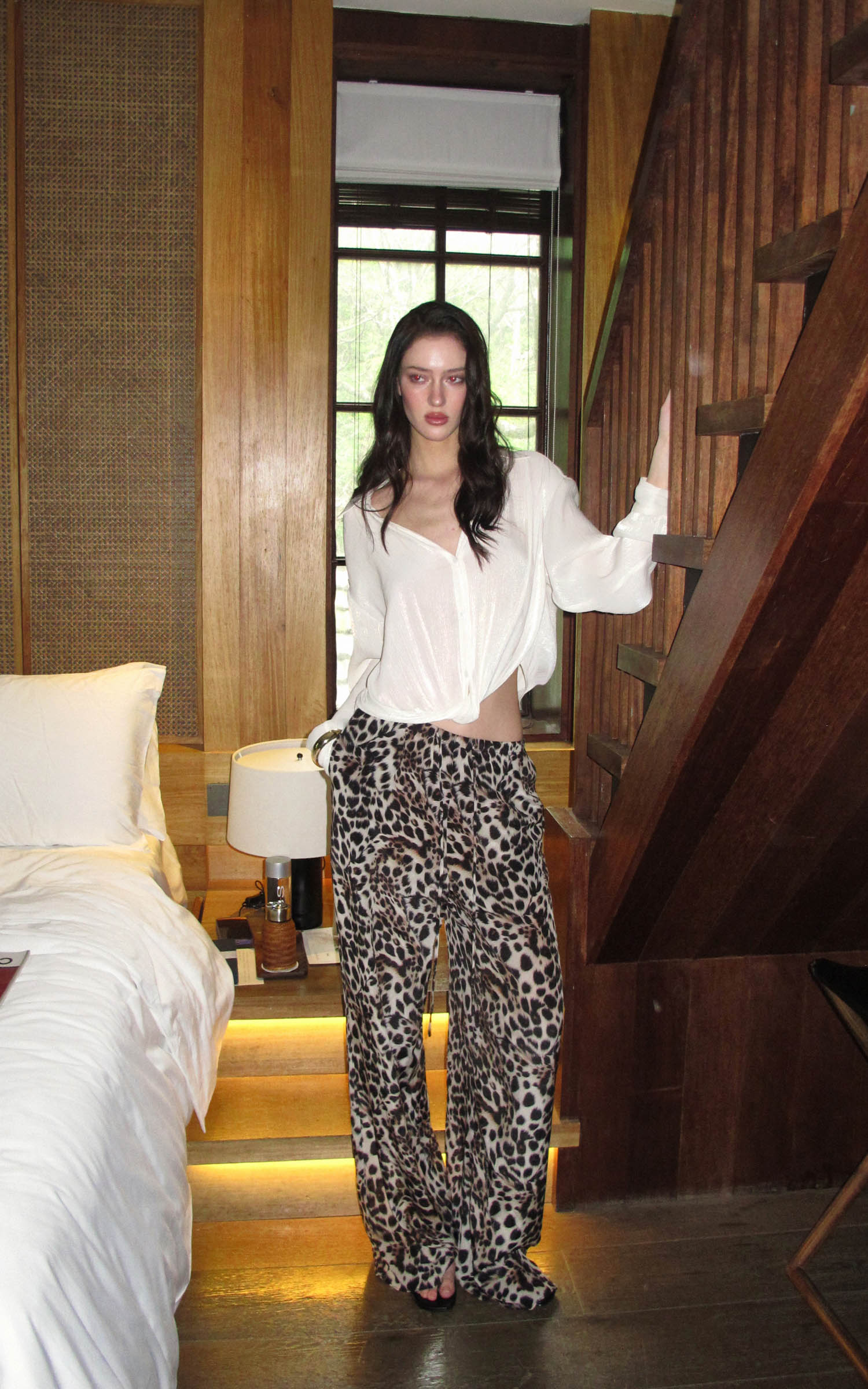0122stepll Sheer Twisted Draped Satin Shirt