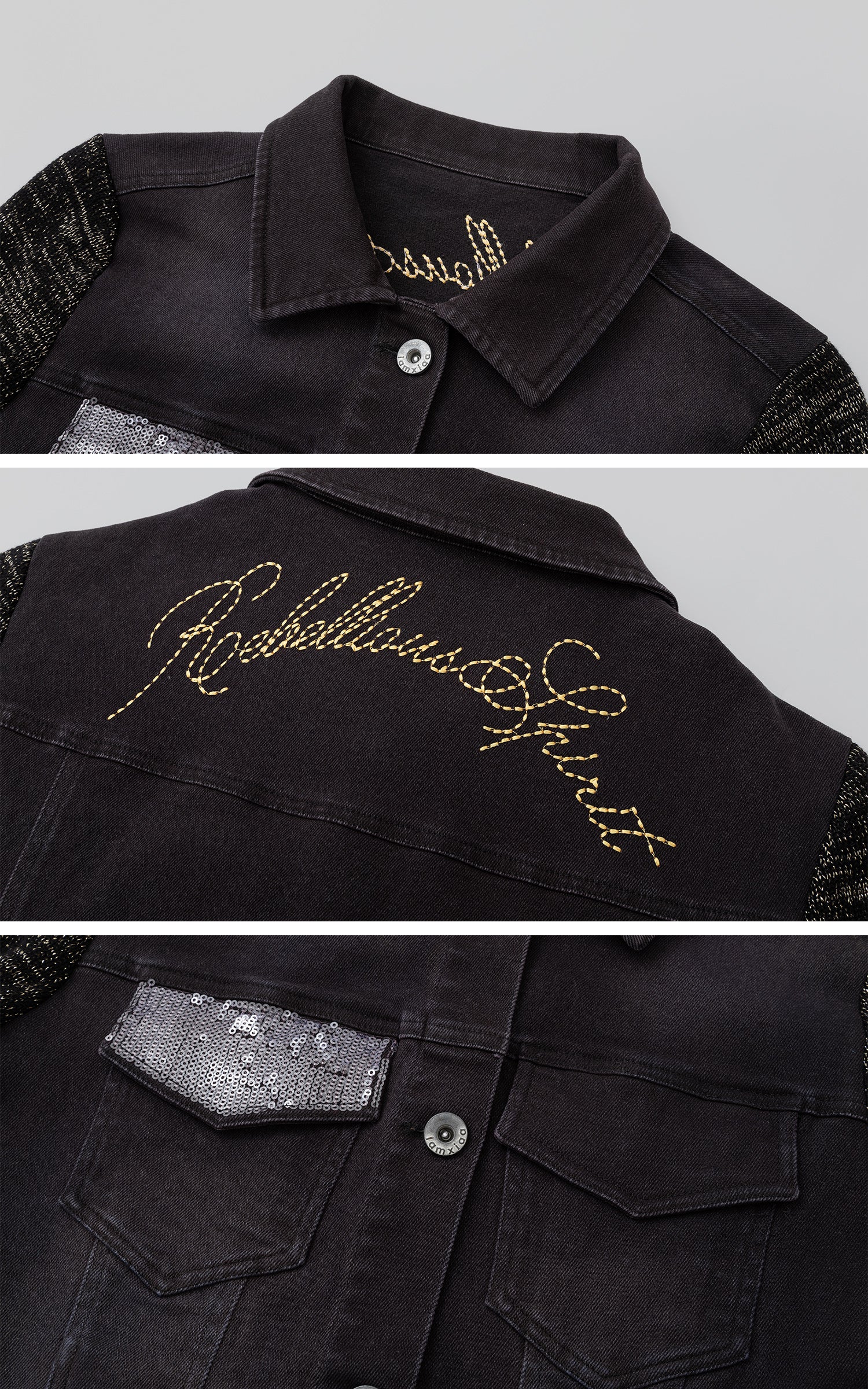 IAMXIAA Sequin-Pocket Knit Sleeve Denim Jacket