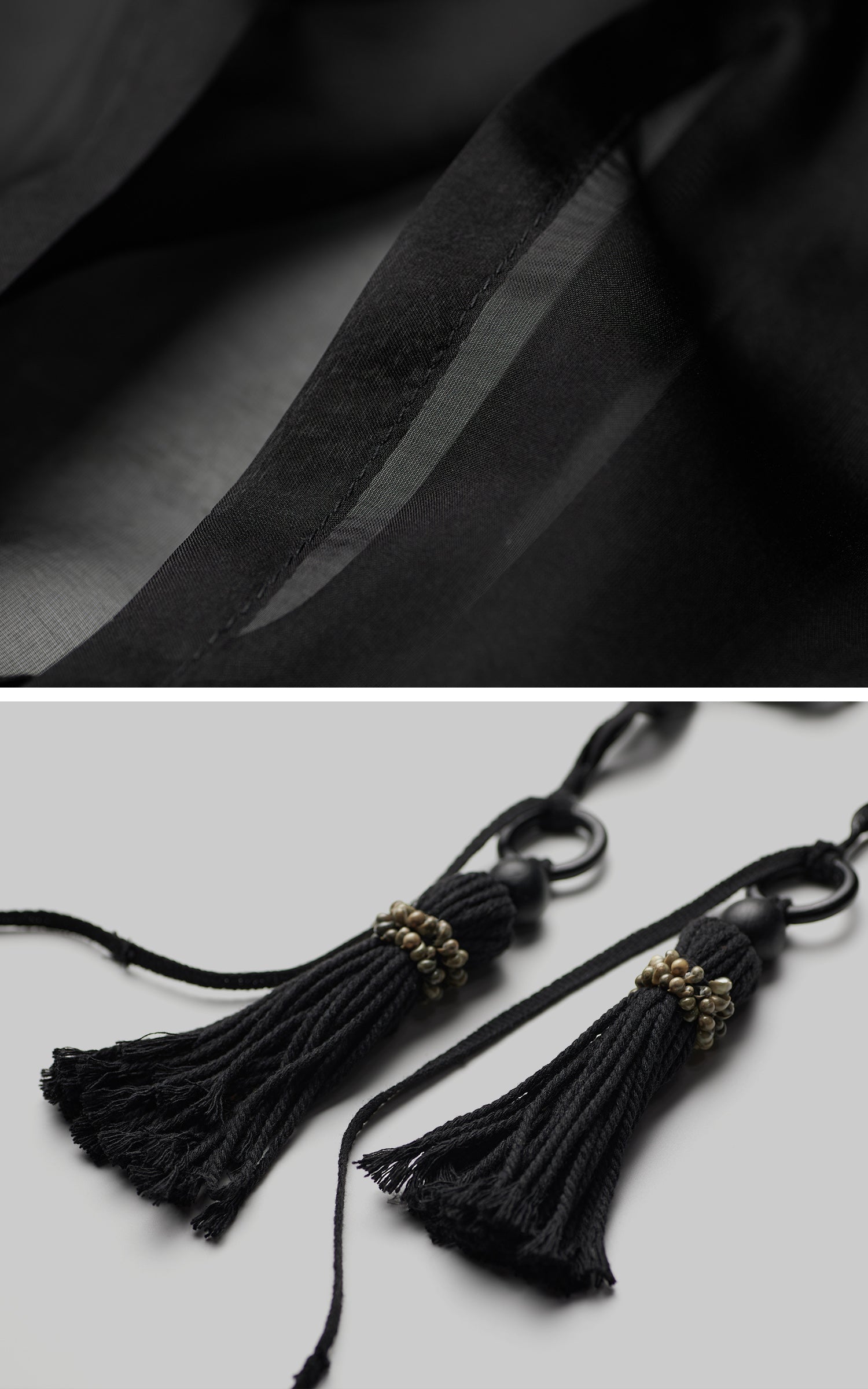 DOINDULGE Draped Mesh Hooded Cardigan with Tassel Accents and Voluminous Sleeves