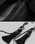 DOINDULGE Draped Mesh Hooded Cardigan with Tassel Accents and Voluminous Sleeves