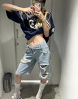 Rase le sol Low-Rise Asymmetric Waist Distressed Denim Pants
