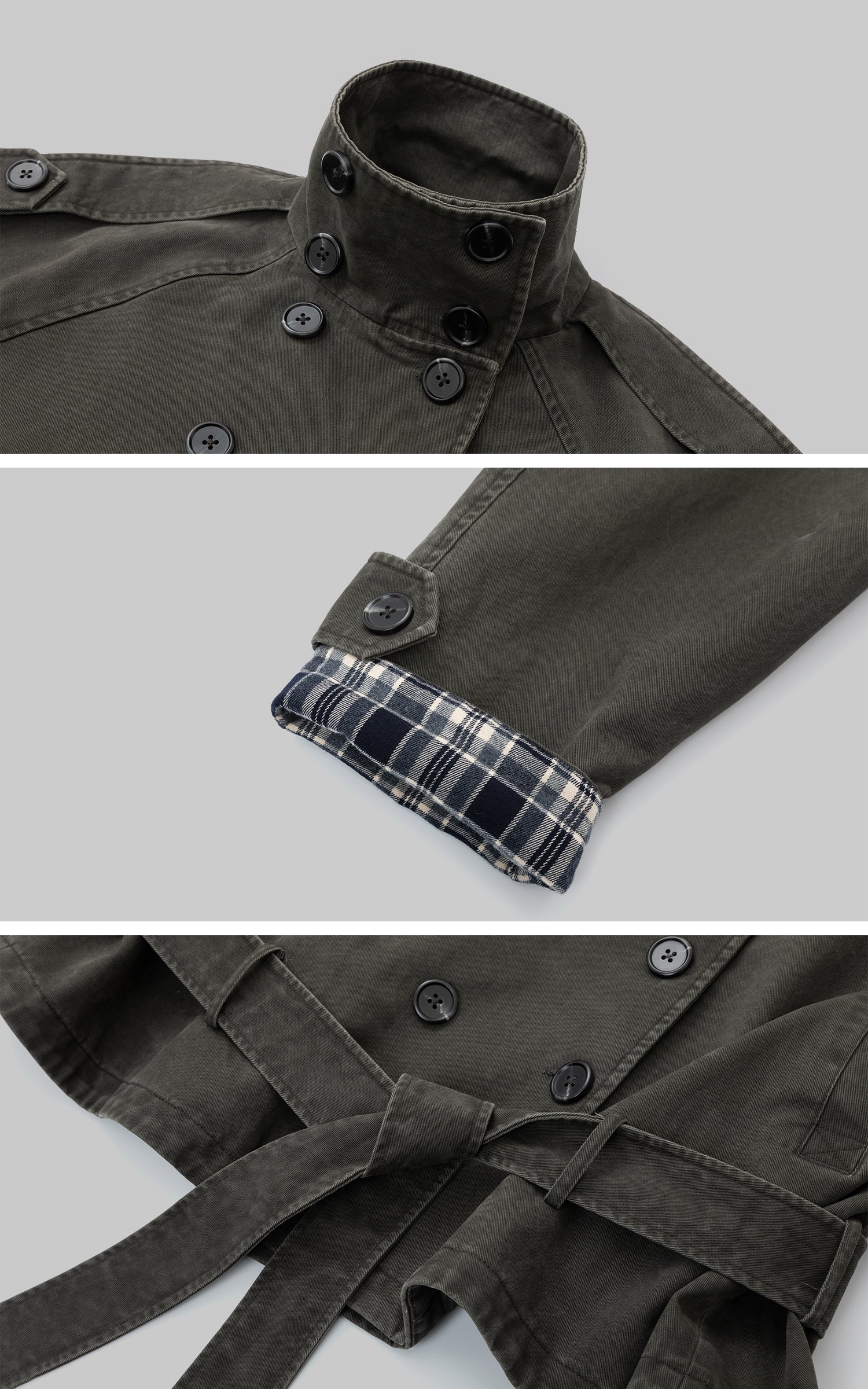 IAMXIAA 빈티지 유틸리티 더블브레스트 하이넥 트렌치 자켓