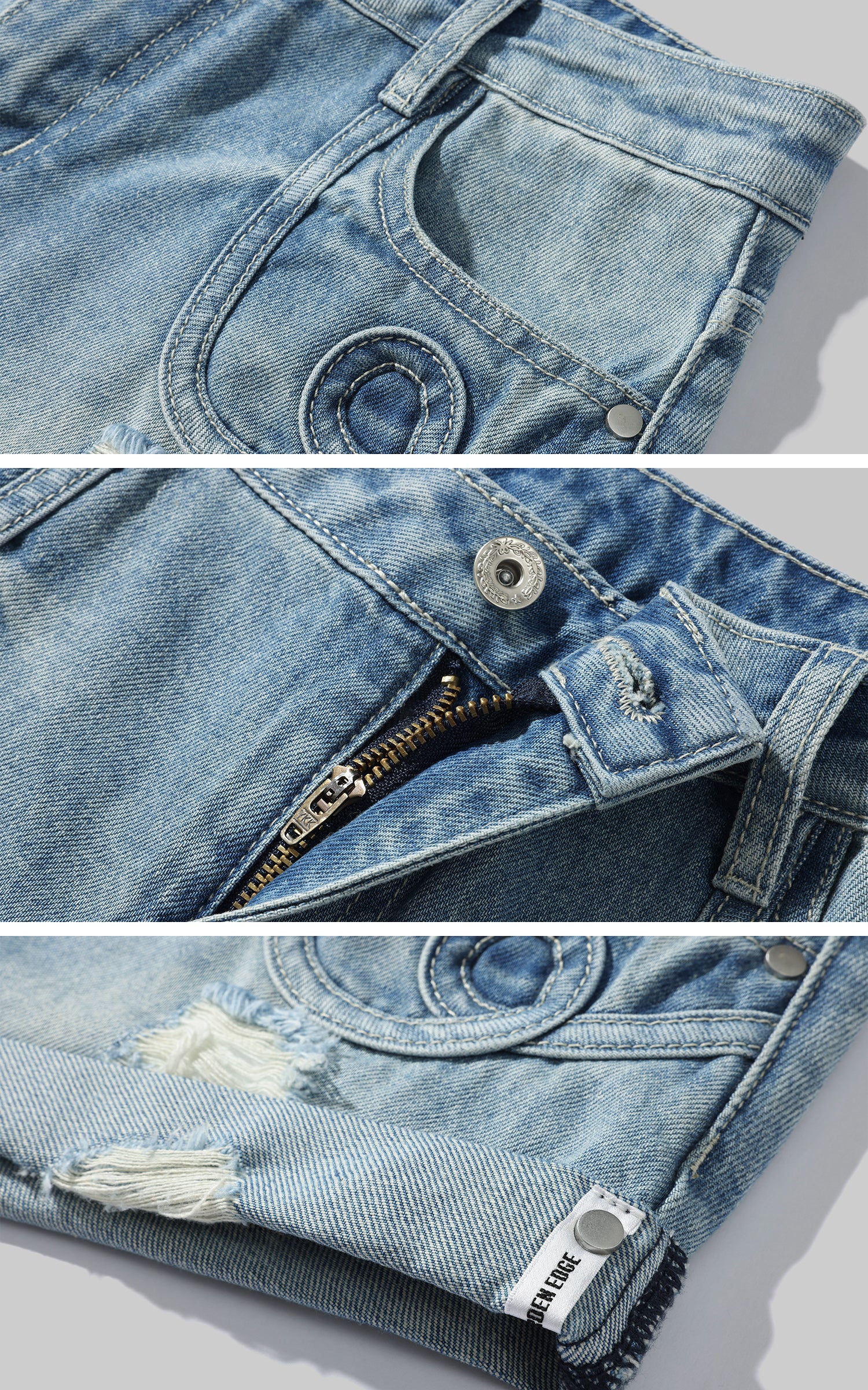 WARDEN EDGE Distressed Denim Shorts with Folded Hem &amp; Ring Stitch - PINKPARKS