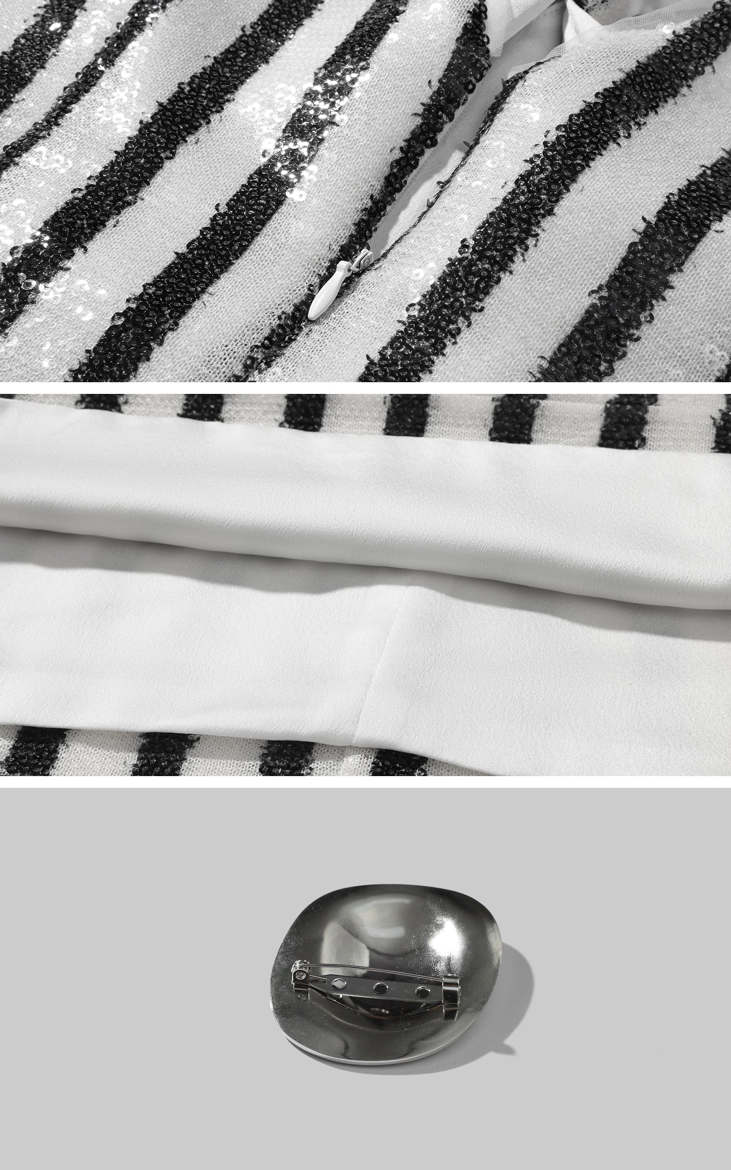 ROVENTE Striped Sequin Mini Dress with Metal Brooch Detail - PINKPARKS