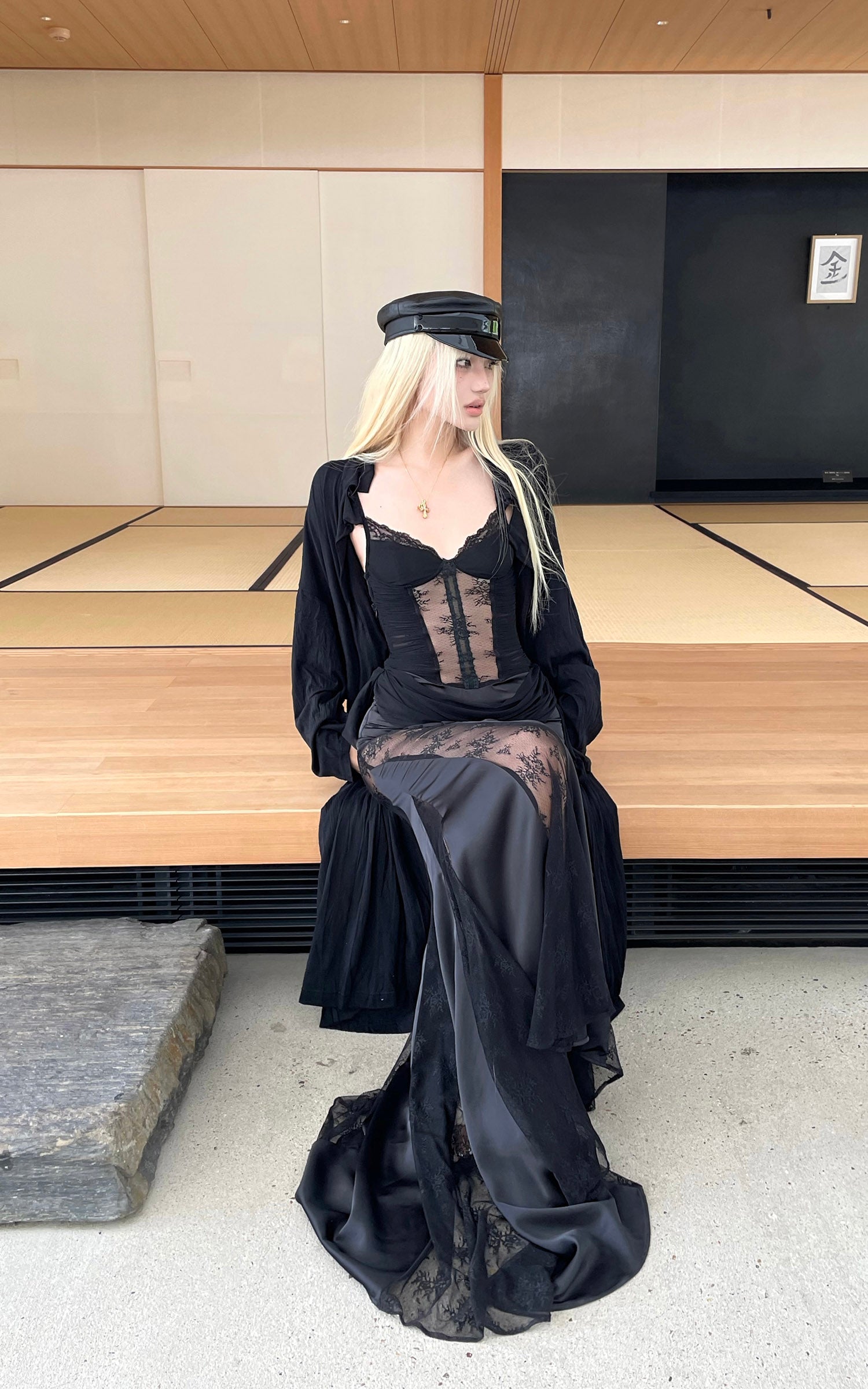 Rase le sol Sheer Lace Paneled Slip Maxi Dress