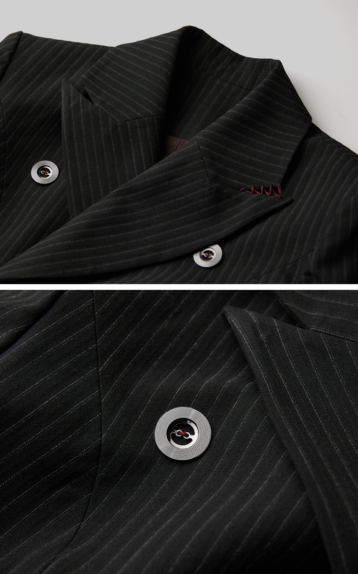 DOINDULGE Double Breasted Long Coat with Pinstripe and Contrast Lining