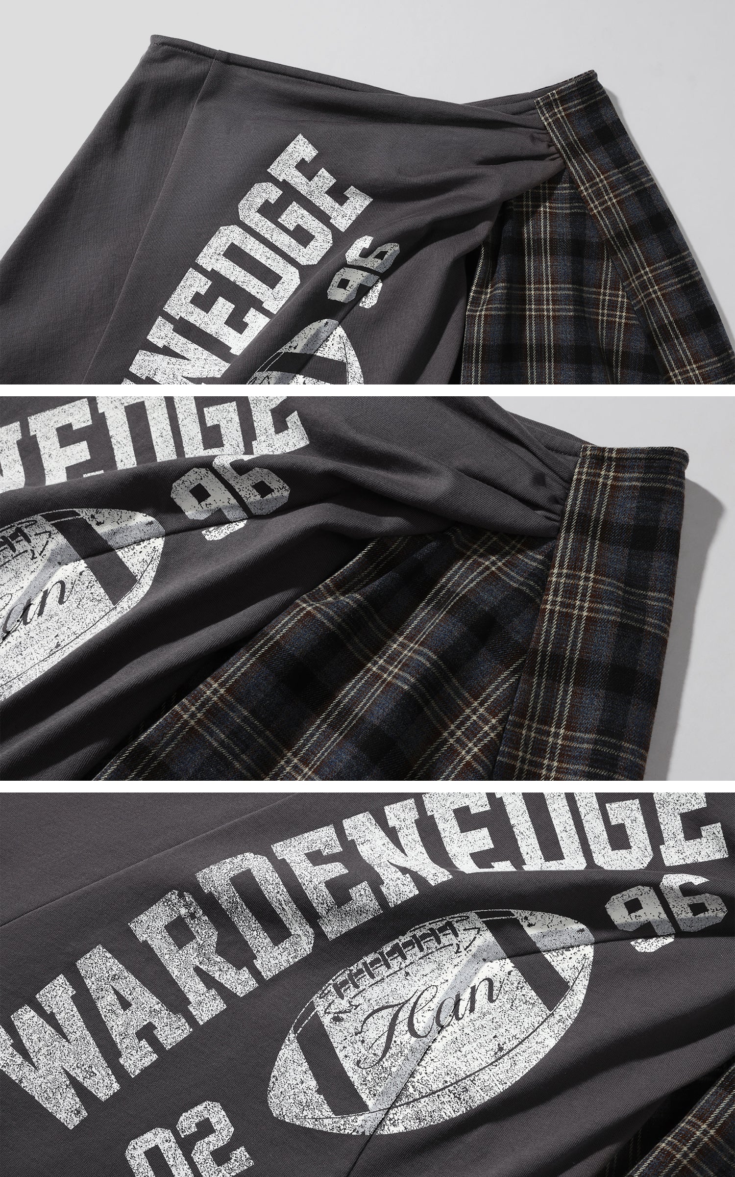 WARDEN EDGE グラフィックプリント付きアシンメトリックチェックパッチワークスカート