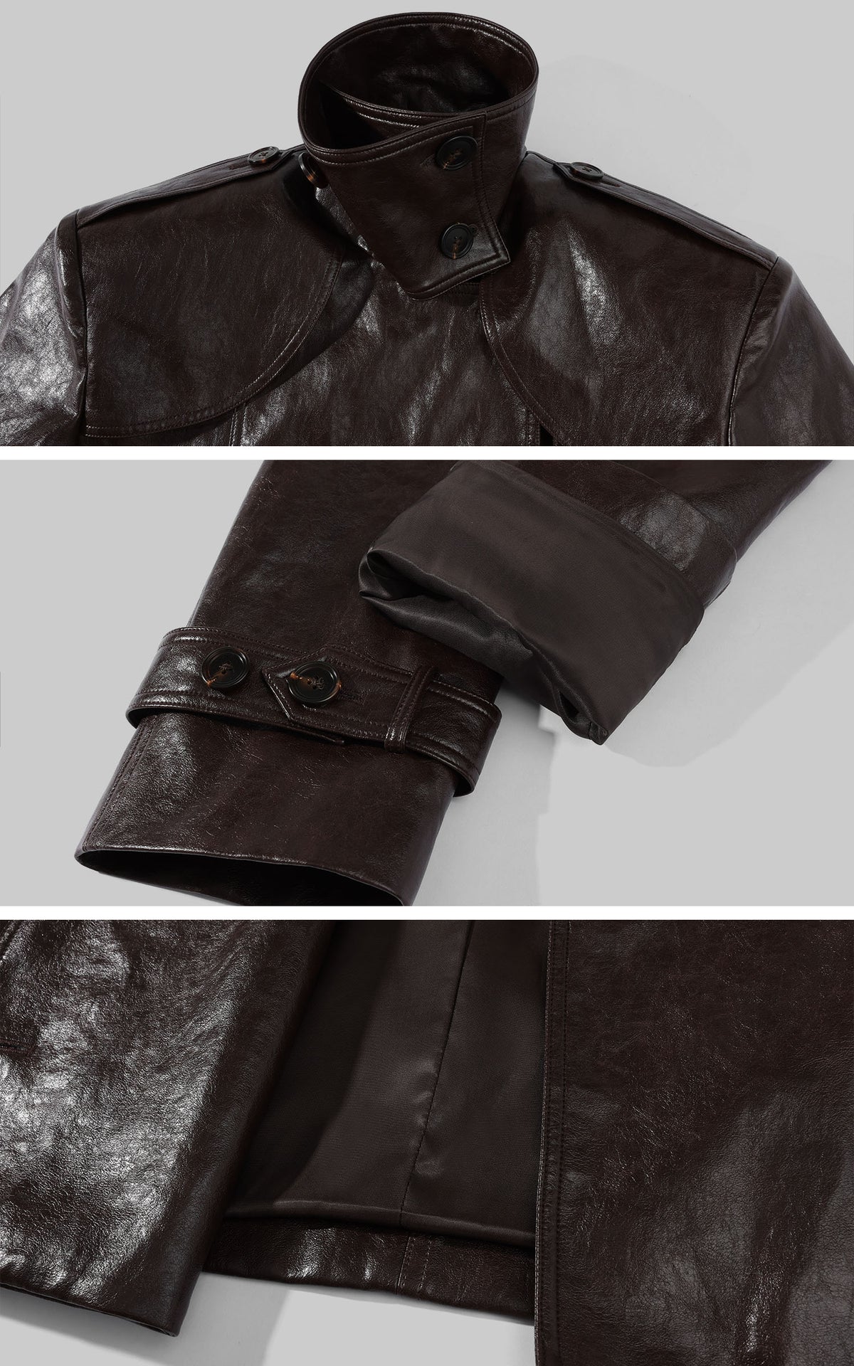ROVENTE Belted Leather-Look Trench Jacket with Wide Lapels &amp; Double-Breasted Front