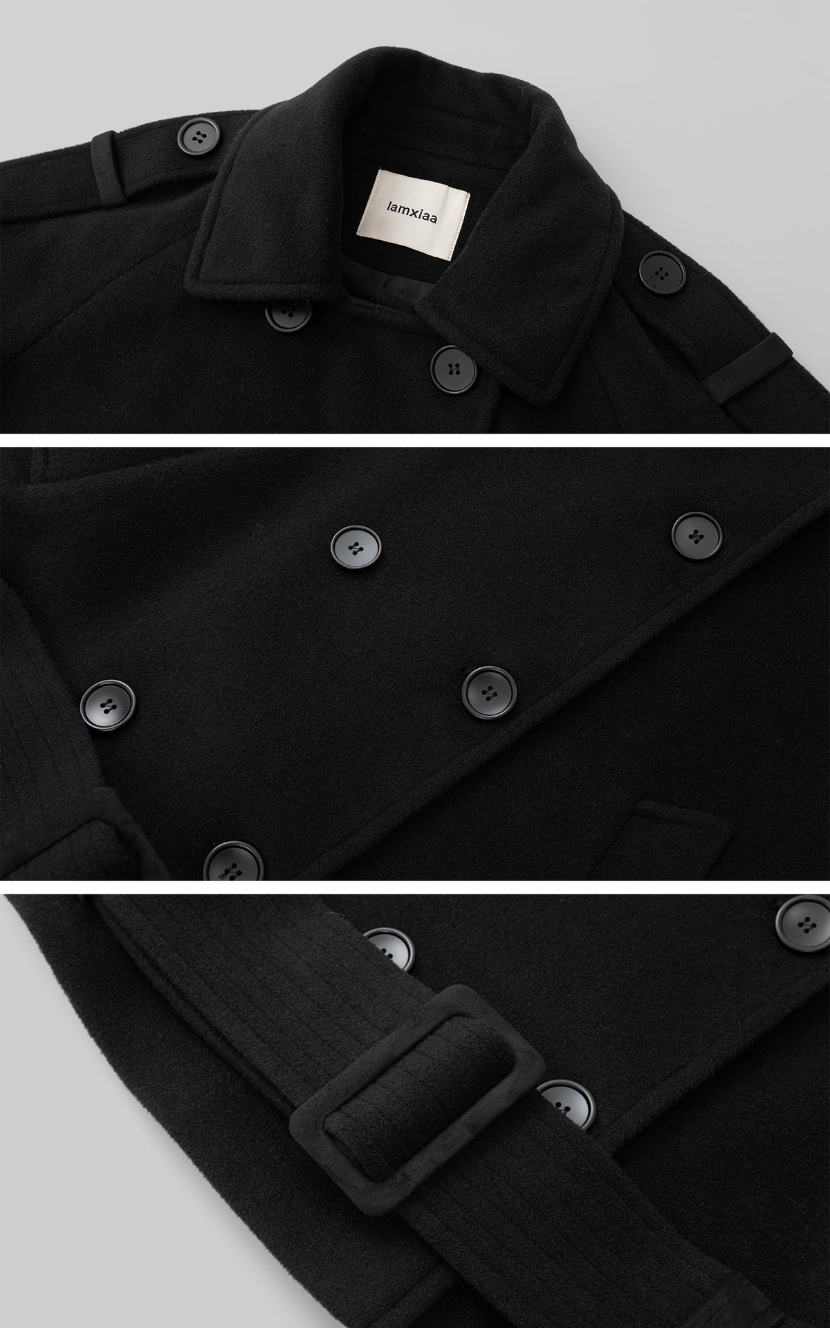 IAMXIAA Black Double-Breasted Belted Military Peacoat