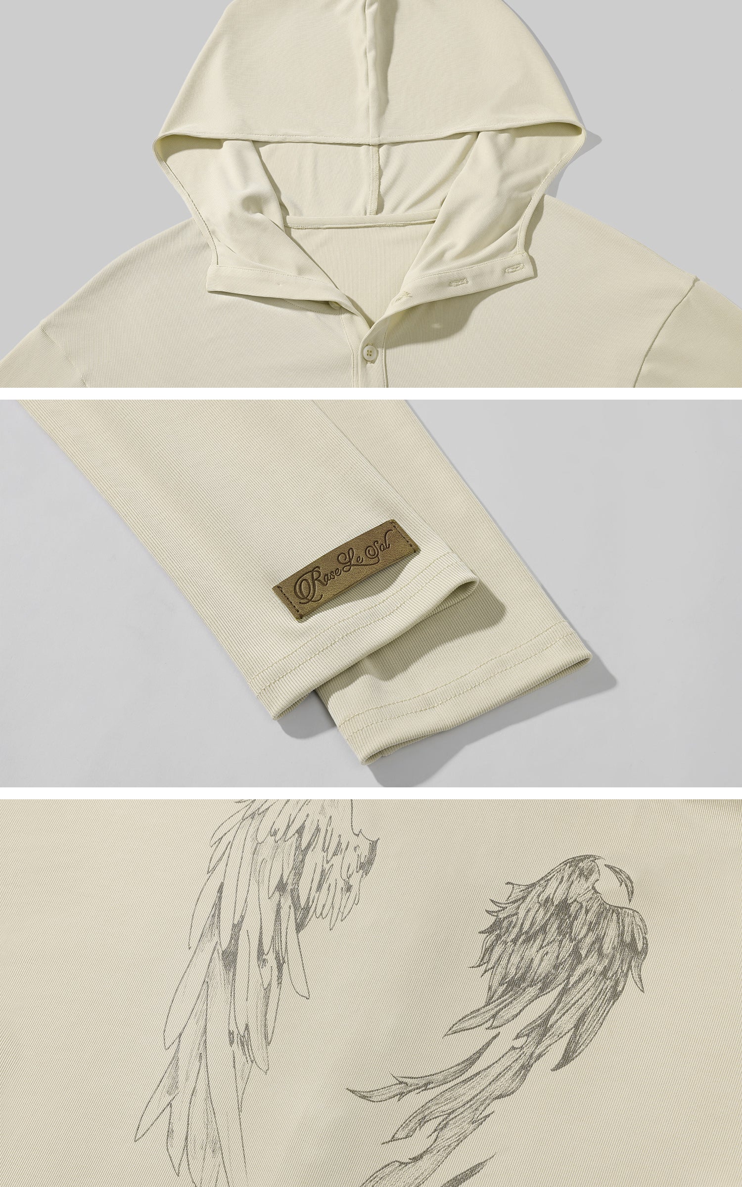 Rase le sol Fitted Long Sleeve Hooded Tee with Sketch Wing Motif