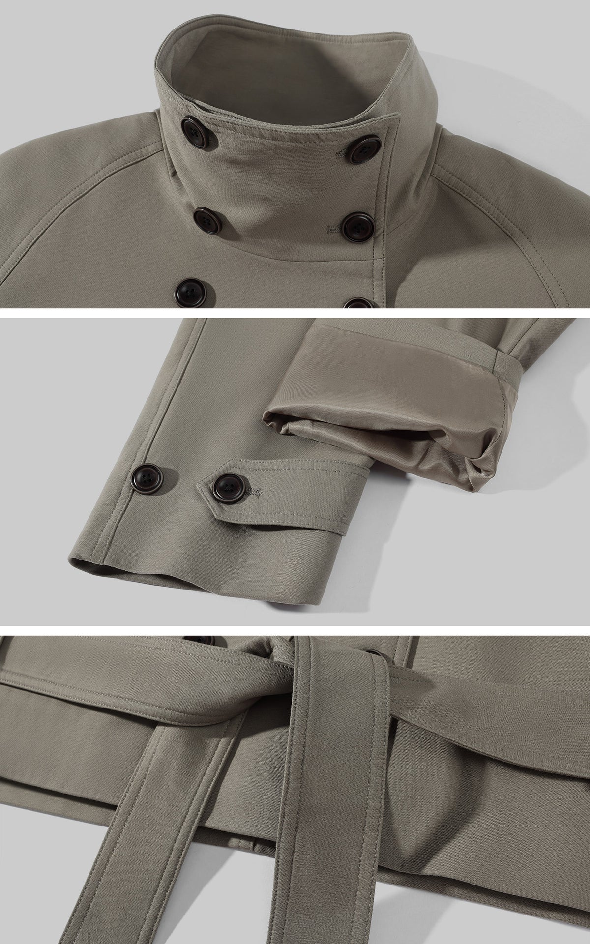 ROVENTE Double-Breasted High Stand Collar Belted Short Trench Jacket