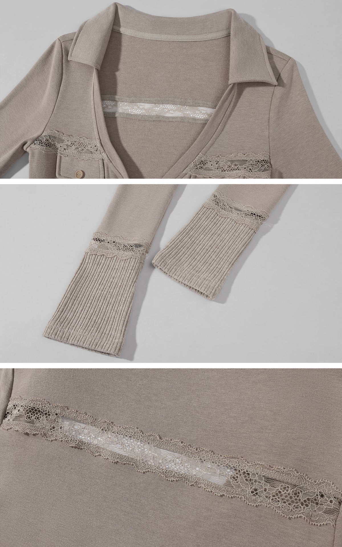 Rase le sol Lace-Trimmed Deep V-Neck Fitted Long Sleeve Top