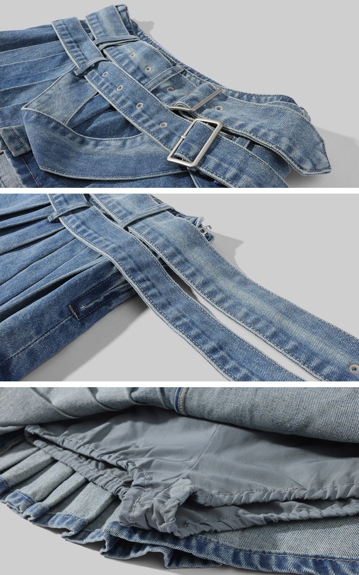 WARDEN EDGE Double-Belt Pleated Denim Mini Skirt
