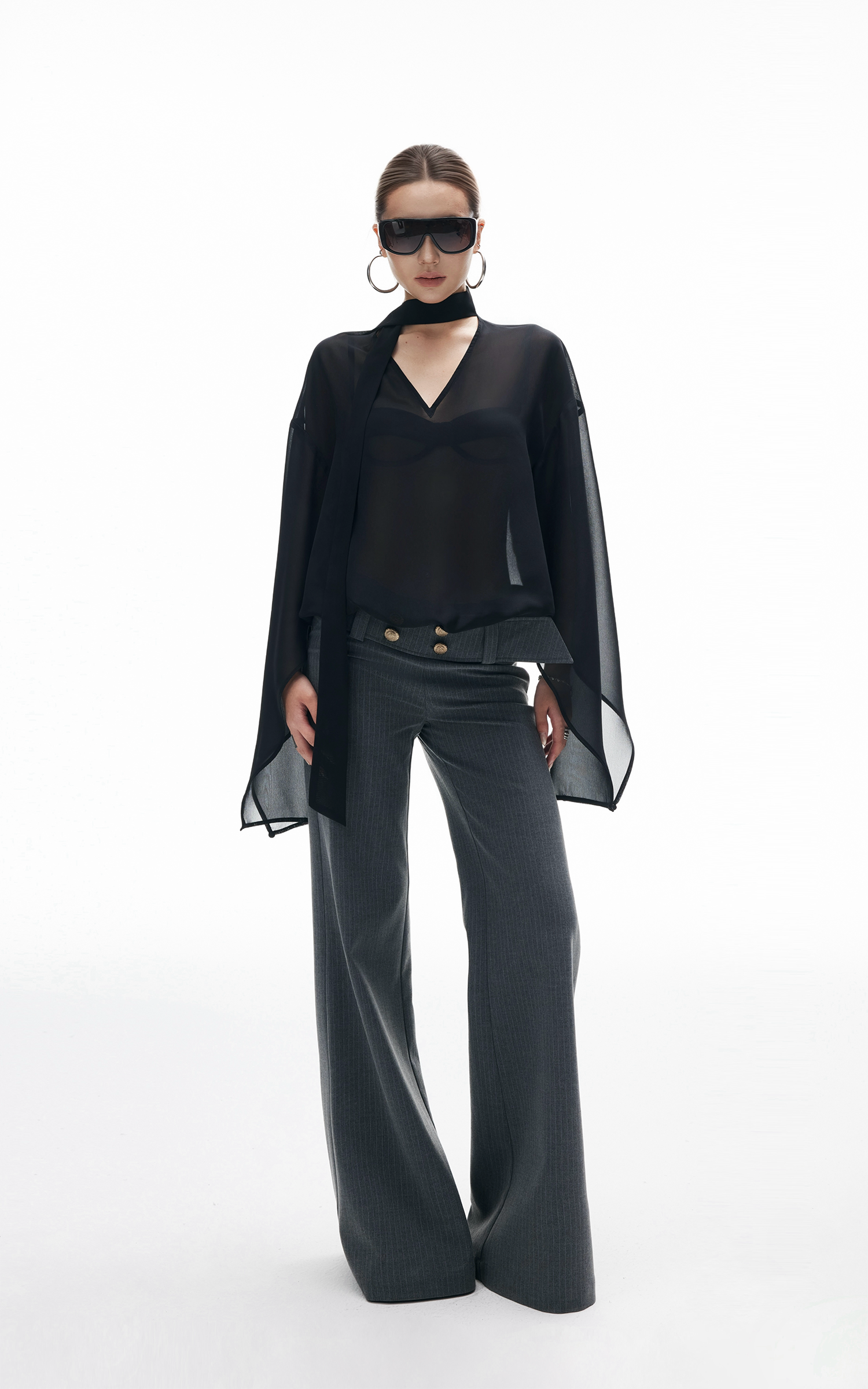 IAMXIAA Sheer Flowing Chiffon Top with Scarf Detail