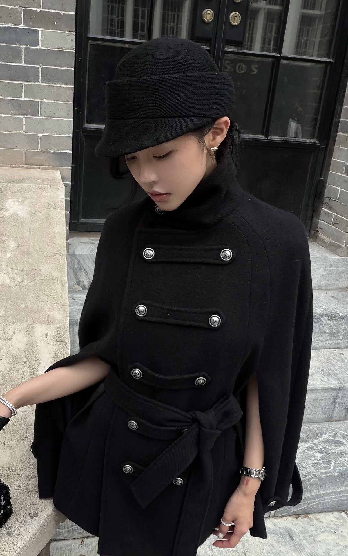 Hydrae Military Inspired Wool Cape Coat With Double Breasted Button Detailing