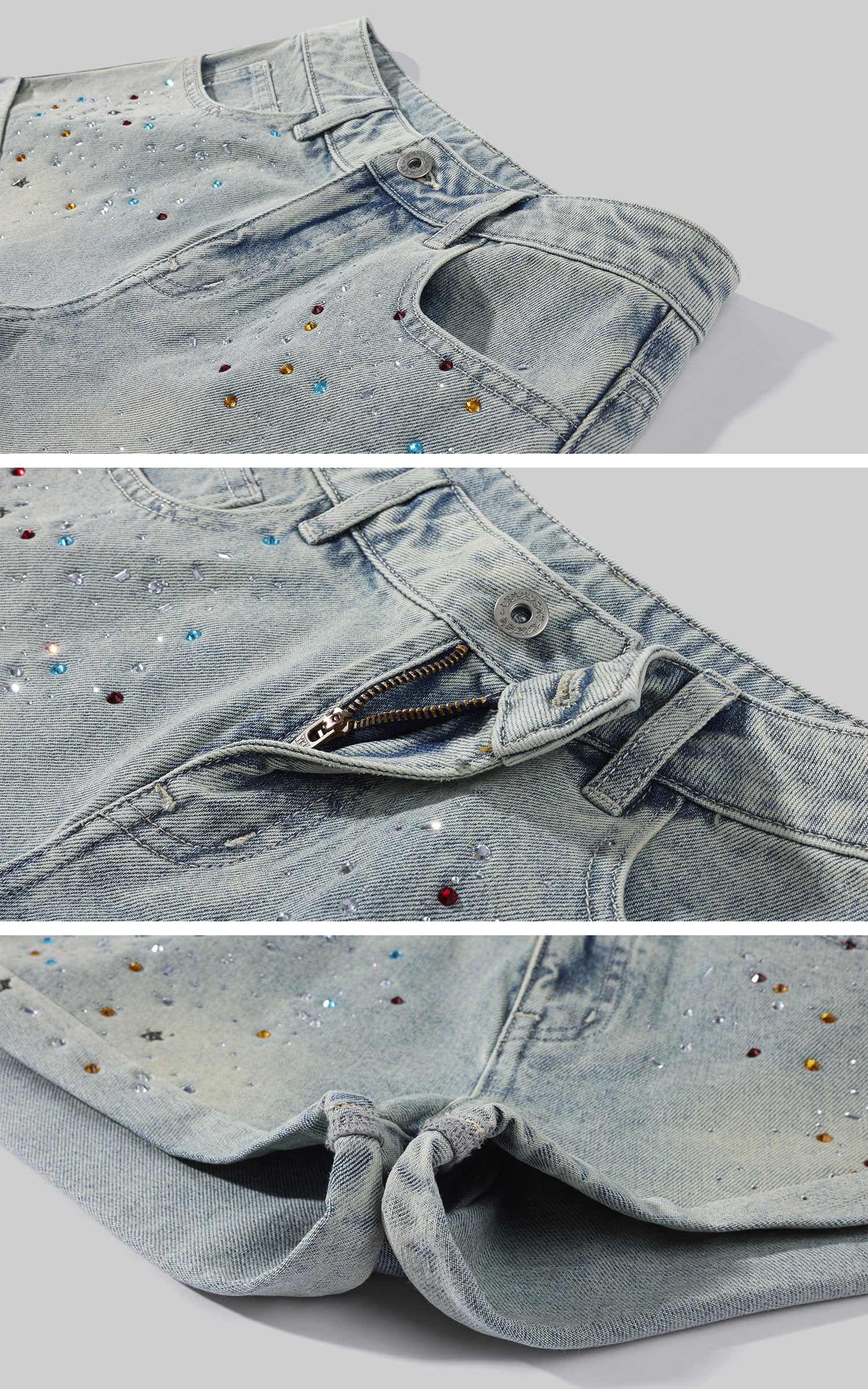 WARDEN EDGE Rhinestone Washed Denim Low-Rise Shorts