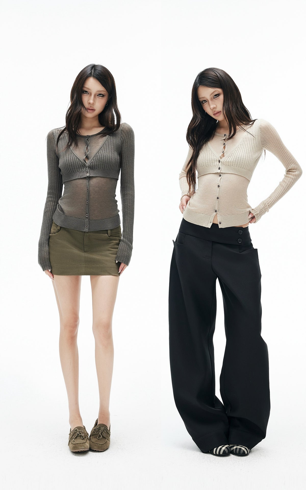 IAMXIAA Layered Sheer Ribbed Knit Cardigan