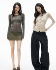 IAMXIAA Layered Sheer Ribbed Knit Cardigan