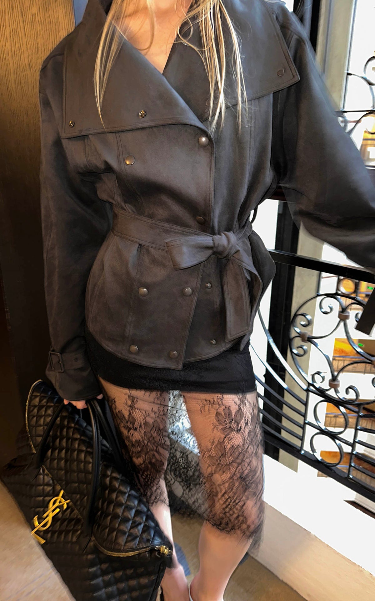 0122stepll Washed Suede Belted Biker Jacket